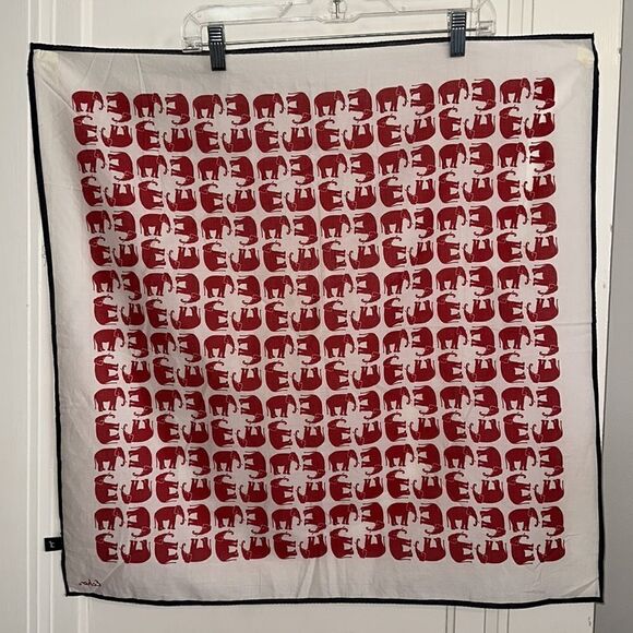 Vtg  Echo large white thin cotton square scarf with red elephants & blue border - Picture 9 of 9